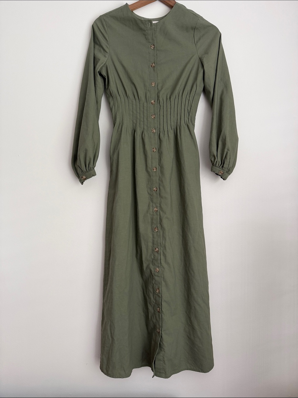 Veiled New York Dress pintuck Green Linen Blend Long Sleeve Modest XXS short